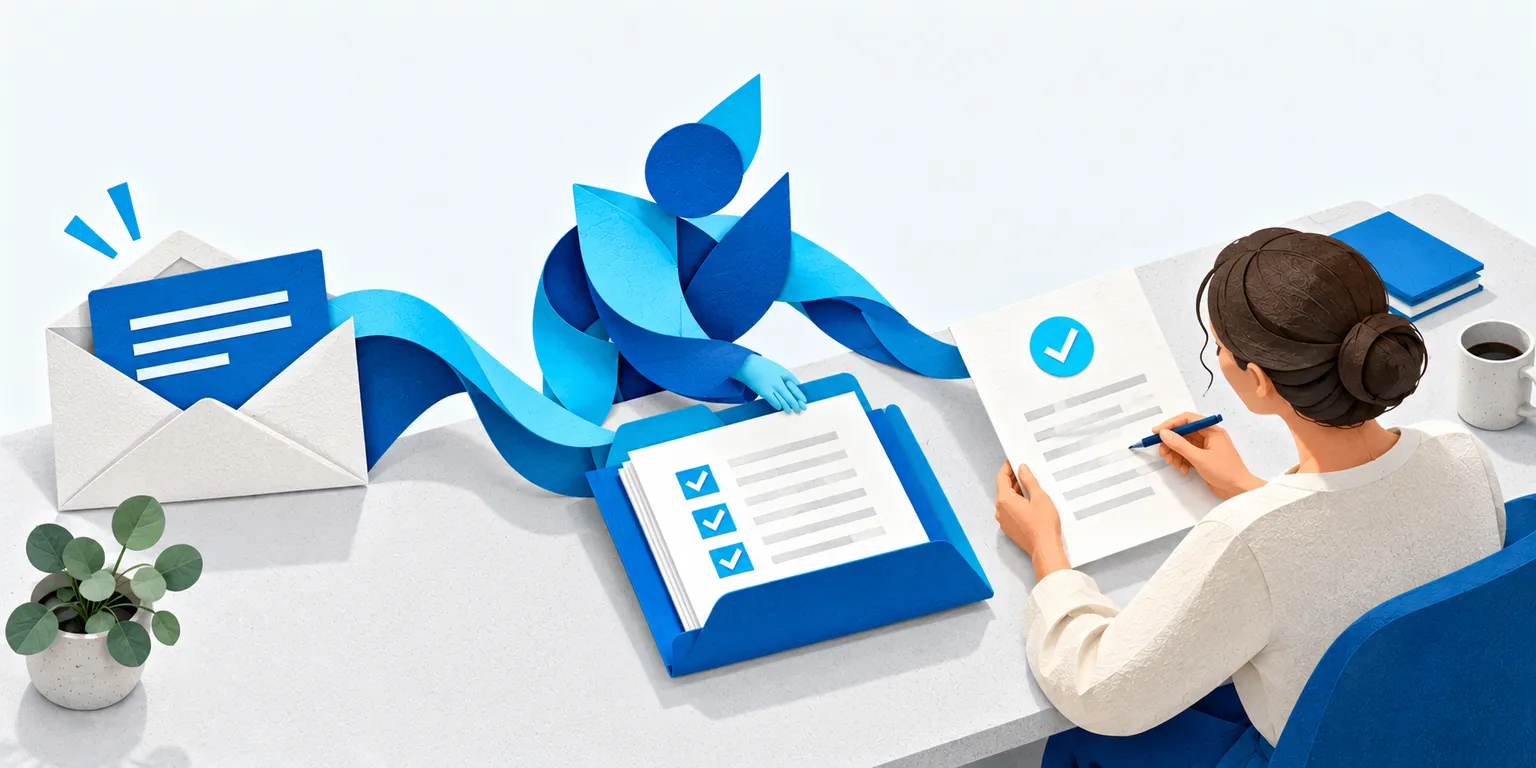 Een klantmail gaat via een taak naar een concept dat een medewerker controleert.